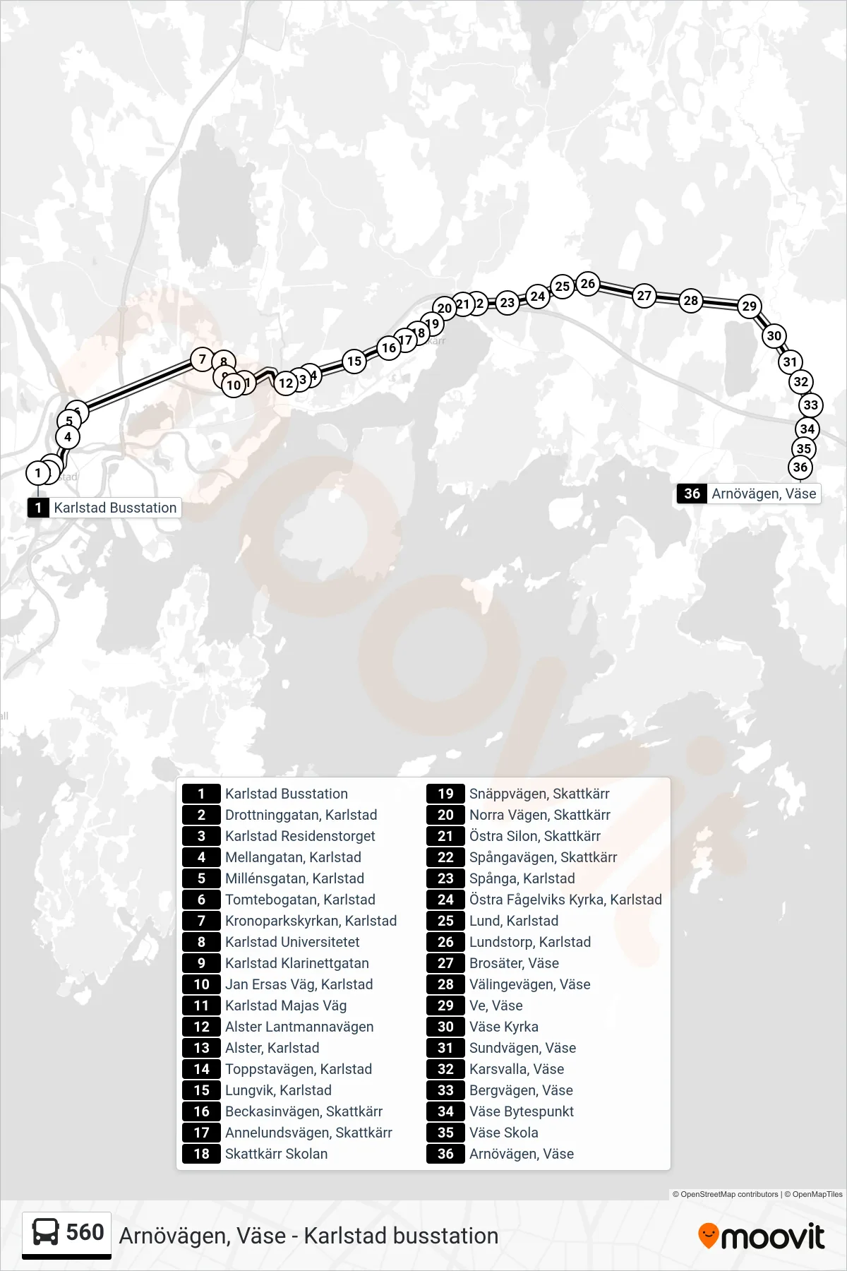Rutt och hållplatser på karta för linje 560 buss, (Arnövägen, Väse)