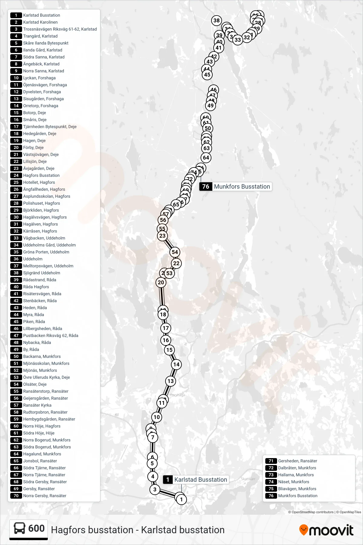 Rutt och hållplatser på karta för linje 600 buss, (Munkfors Busstation)