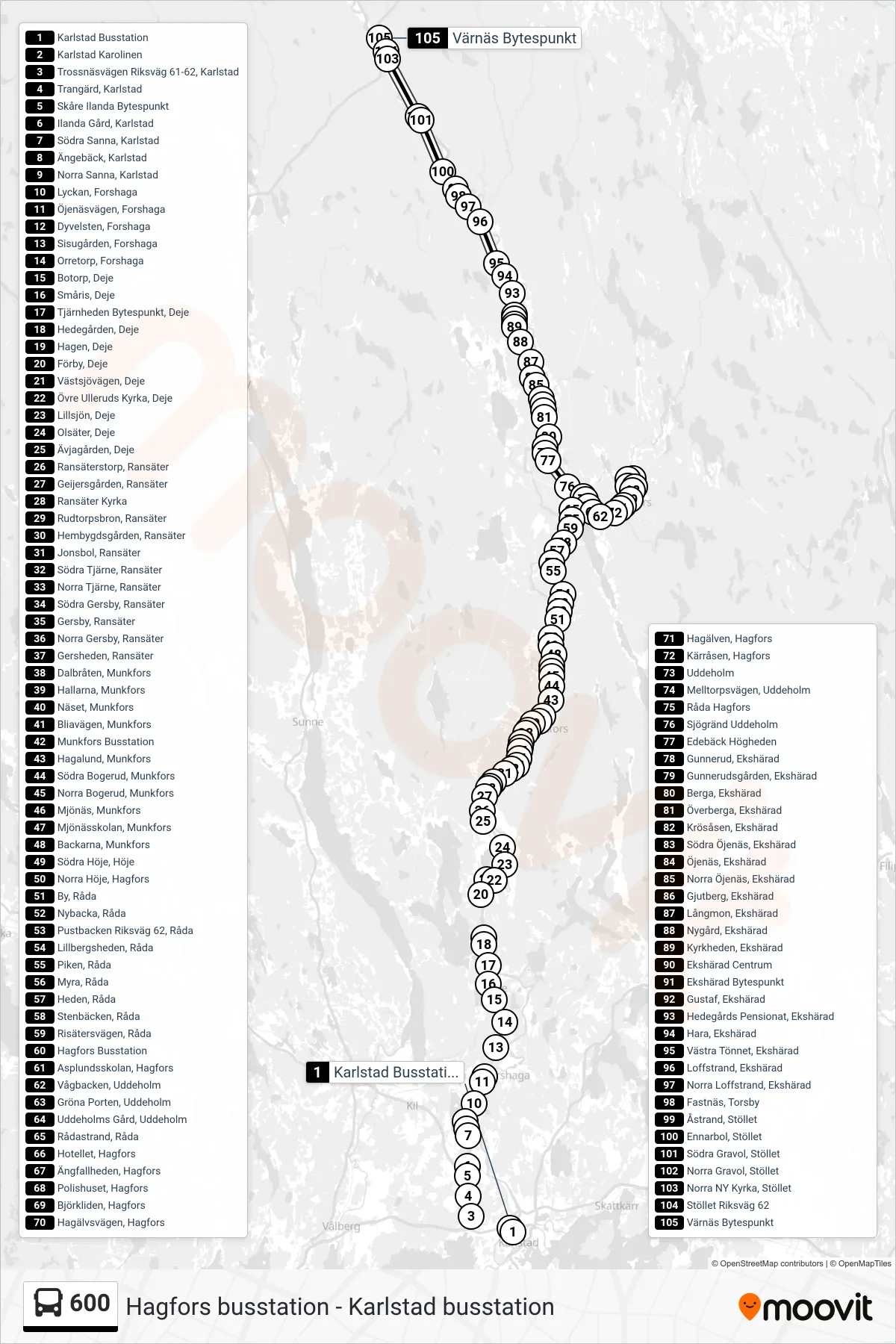 Rutt och hållplatser på karta för linje 600 buss, (Värnäs Bytespunkt)