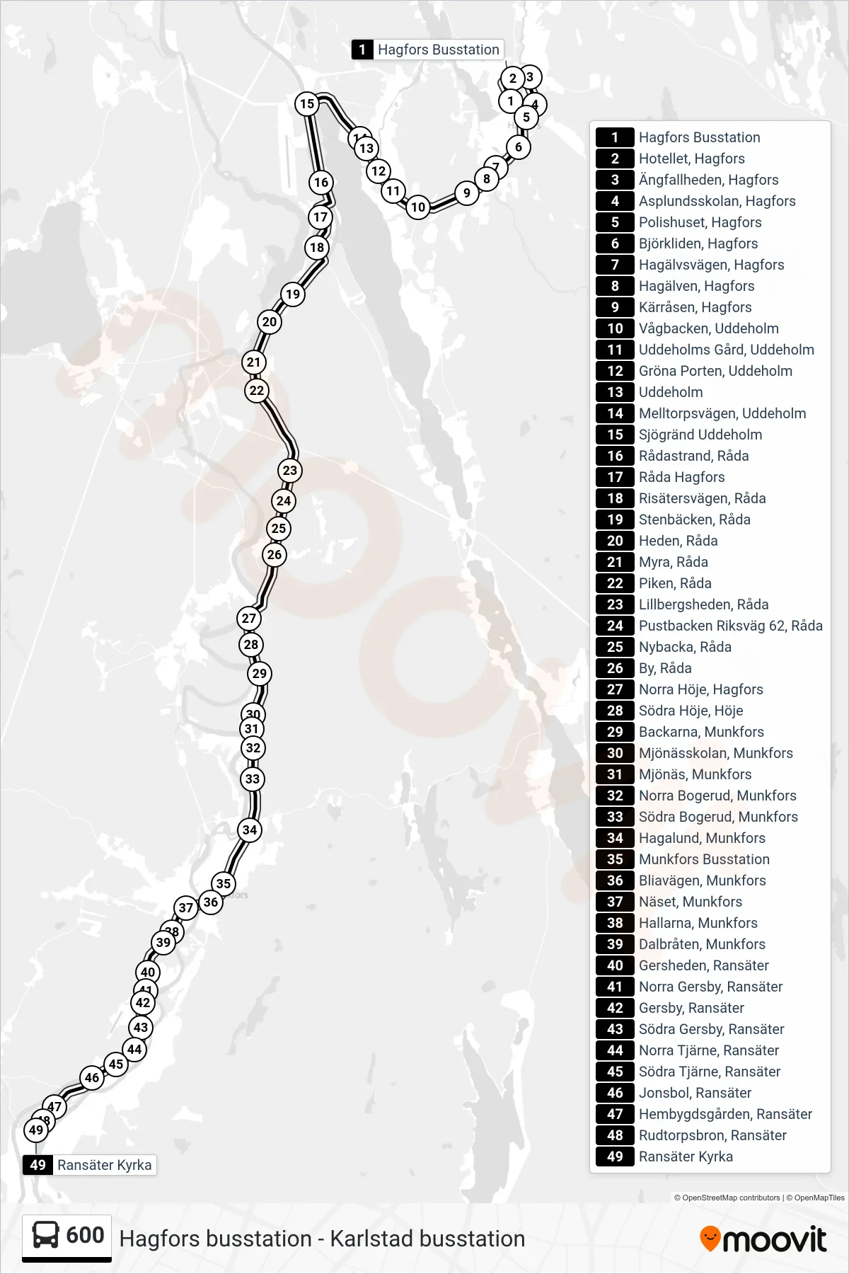 Rutt och hållplatser på karta för linje 600  buss, (Ransäter Kyrka)