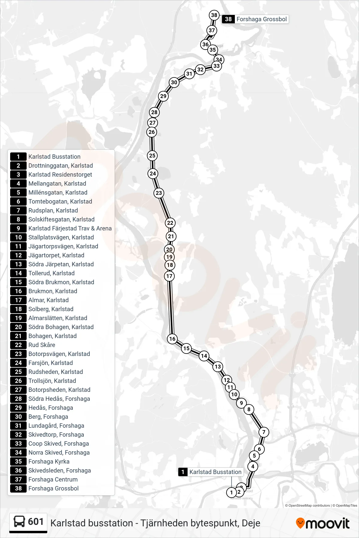 Rutt och hållplatser på karta för linje 601 buss, (Forshaga Grossbol)