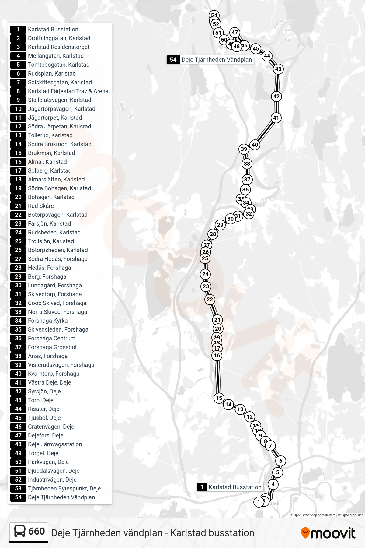 Rutt och hållplatser på karta för linje 660 buss, (Deje Tjärnheden Vändplan)