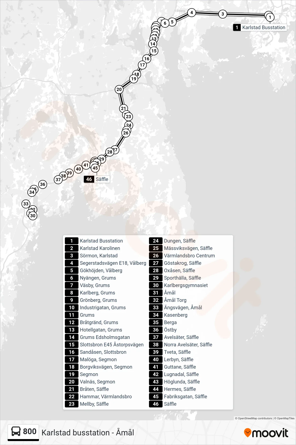 Rutt och hållplatser på karta för linje 800 buss, (Säffle Station)