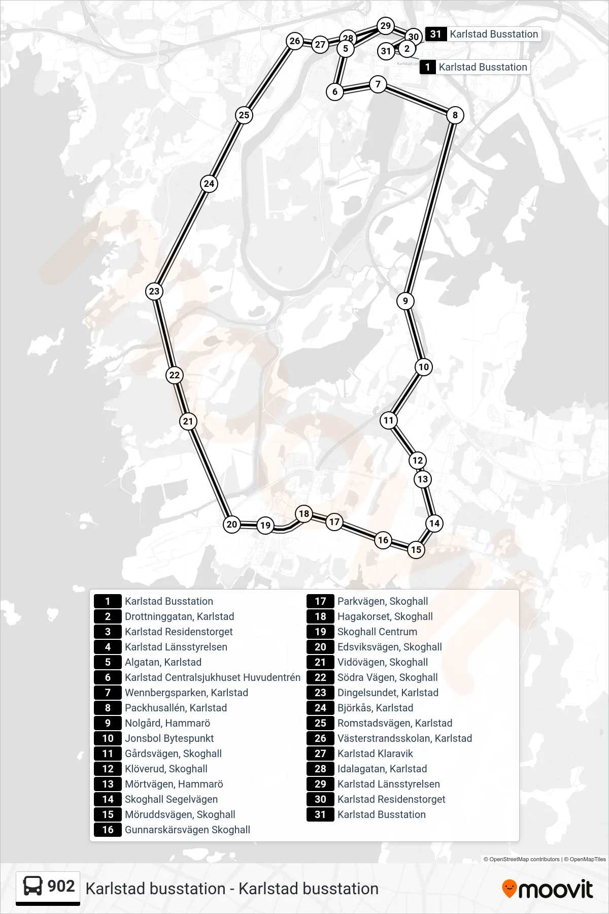 Rutt och hållplatser på karta för linje 902 buss, (Karlstad Busstation)