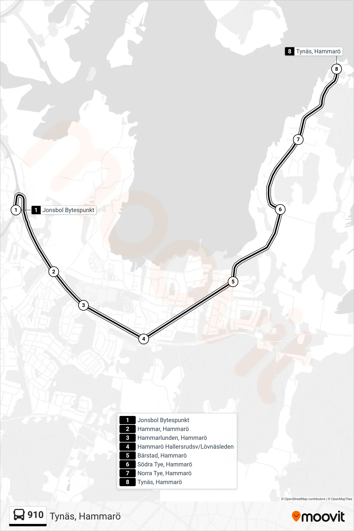 Rutt och hållplatser på karta för linje 910 buss, (Tynäs, Hammarö)