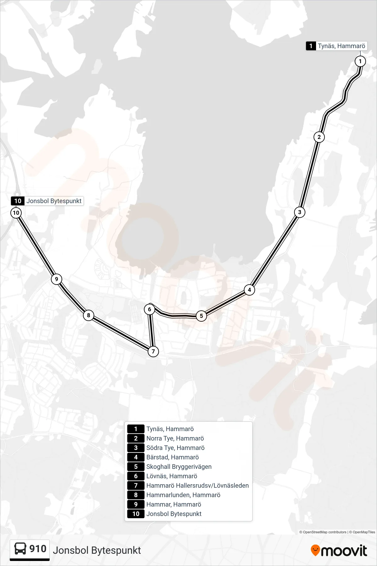 Rutt och hållplatser på karta för linje 910  buss, (Jonsbol Bytespunkt)