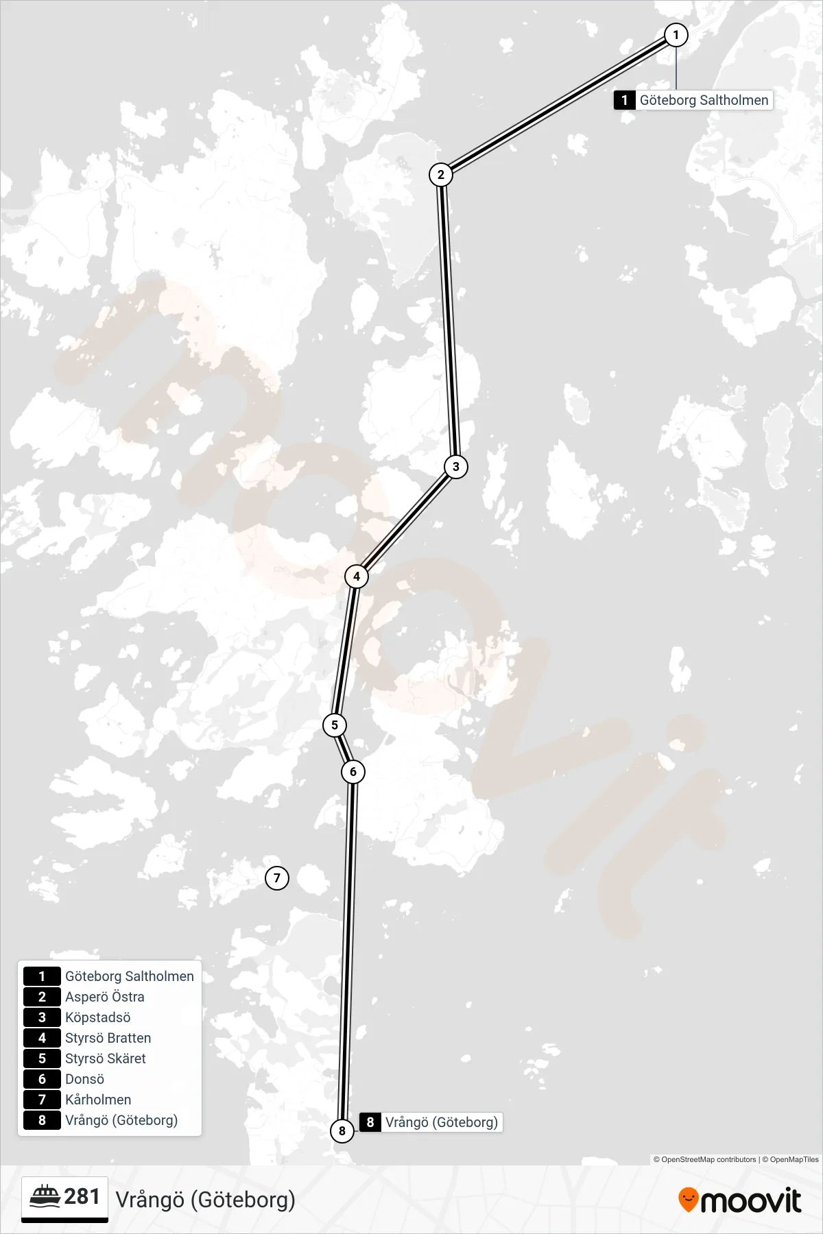 Rutt och hållplatser på karta för linje 281  färja, (Vrångö (Göteborg))