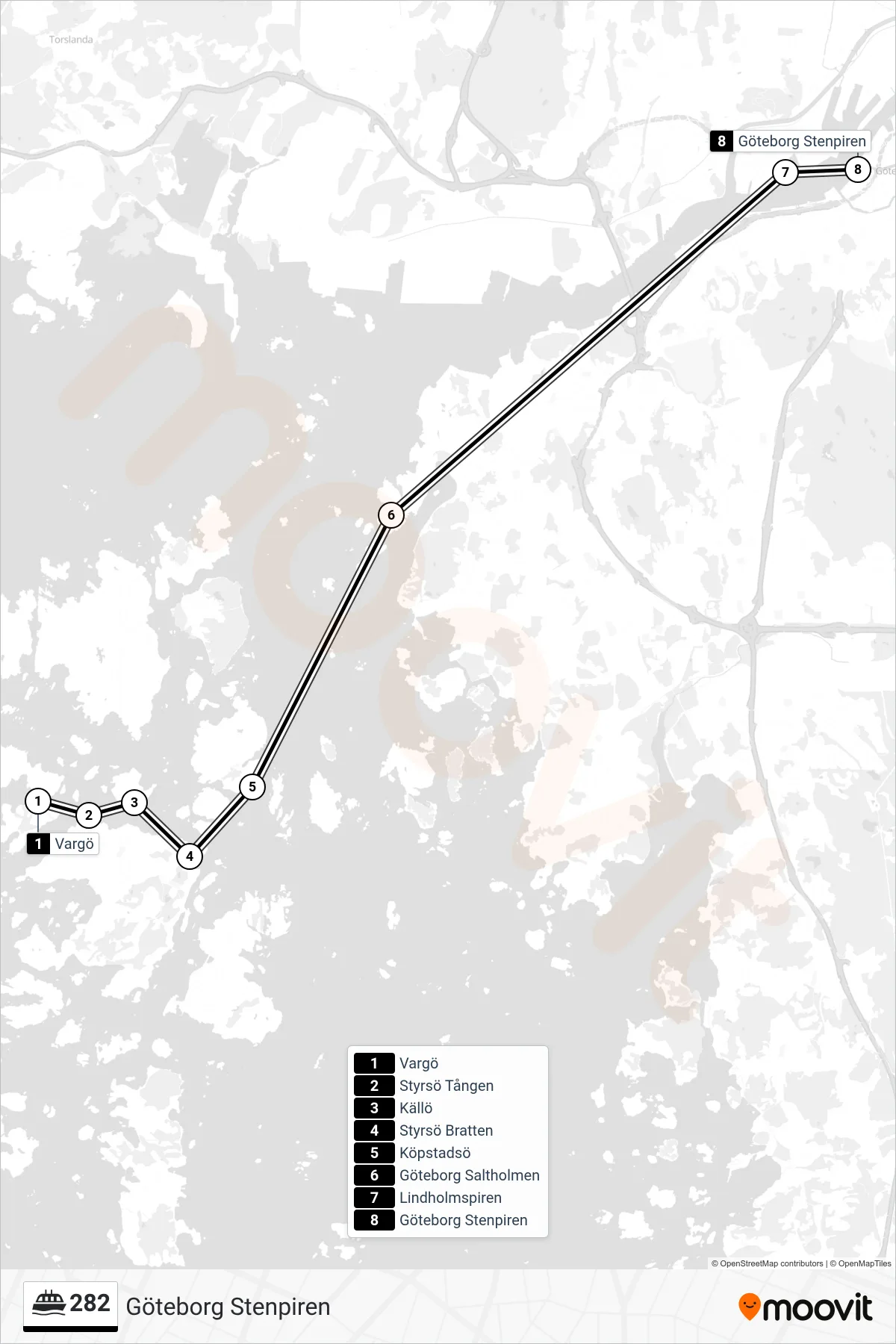 Rutt och hållplatser på karta för linje 282 färja, (Göteborg Stenpiren)