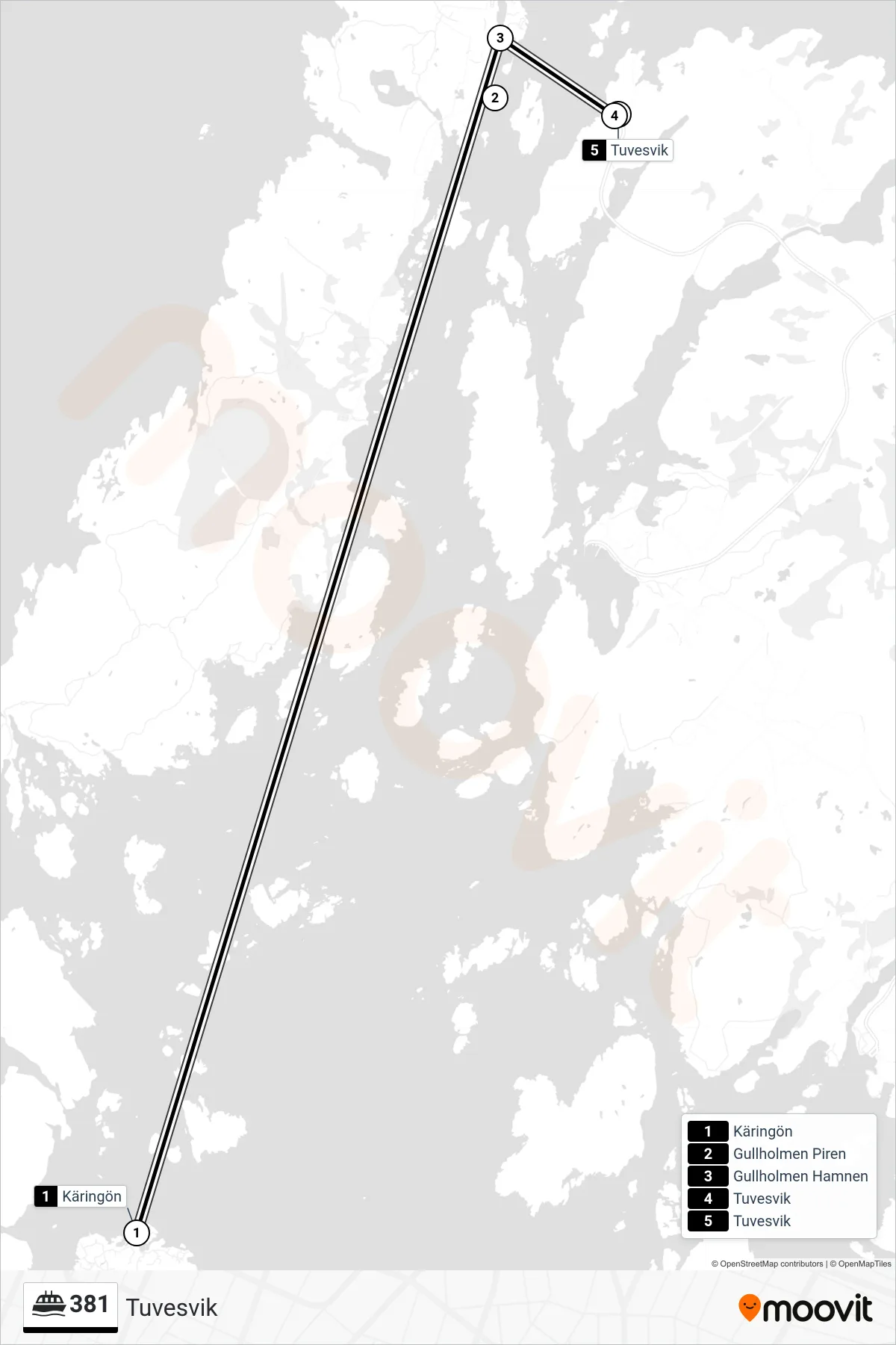 Rutt och hållplatser på karta för linje 381 färja, (Tuvesvik)