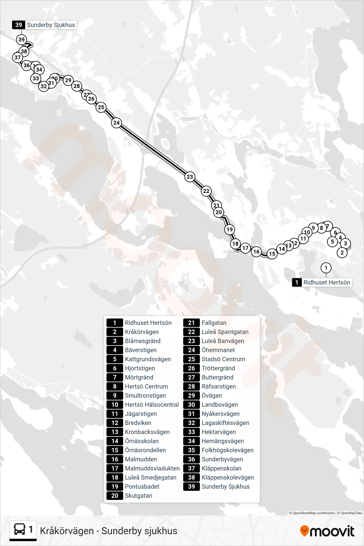 Rutt och hållplatser på karta för linje 1  buss, (Sunderby Sjukhus)