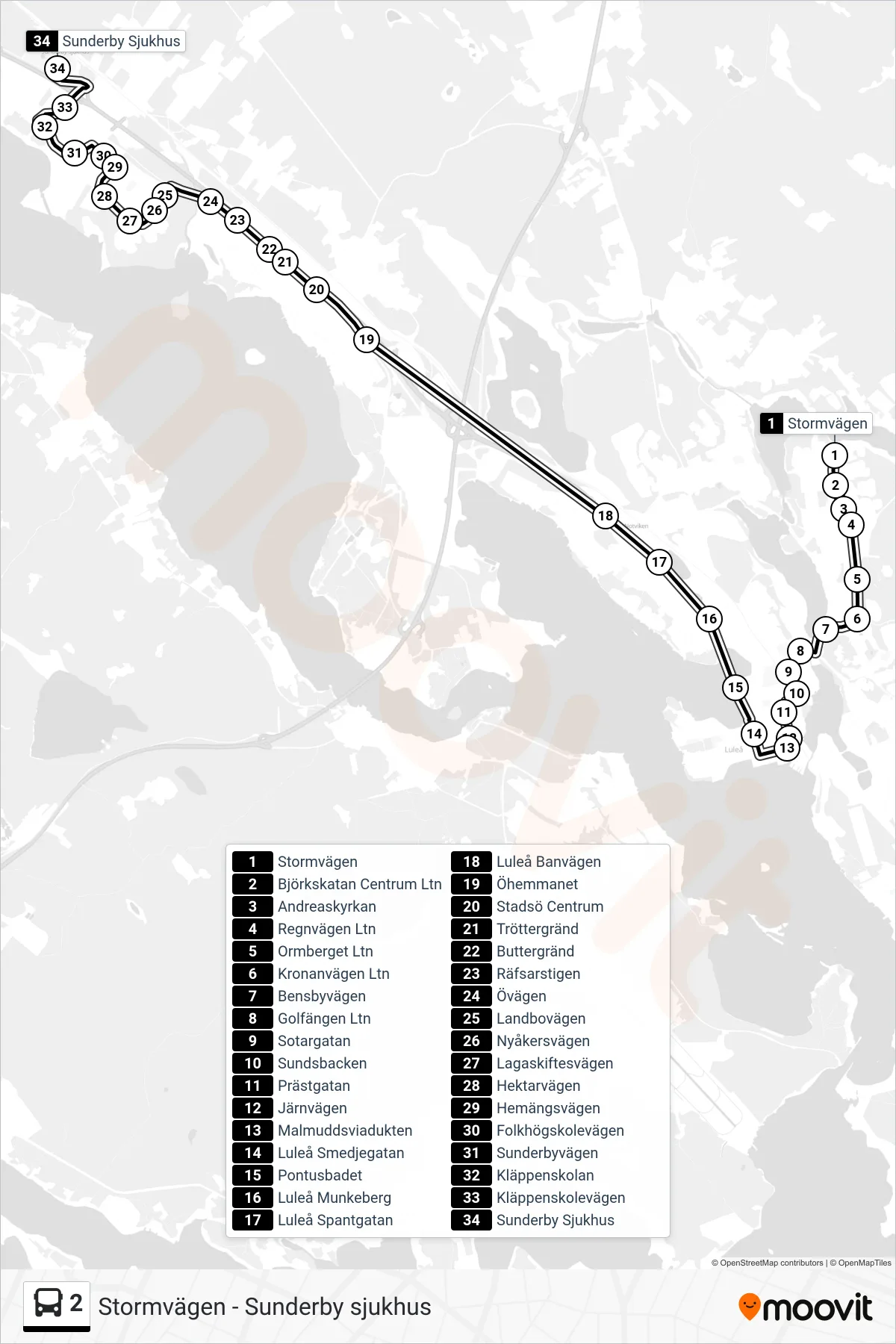 Rutt och hållplatser på karta för linje 2  buss, (Sunderby Sjukhus)