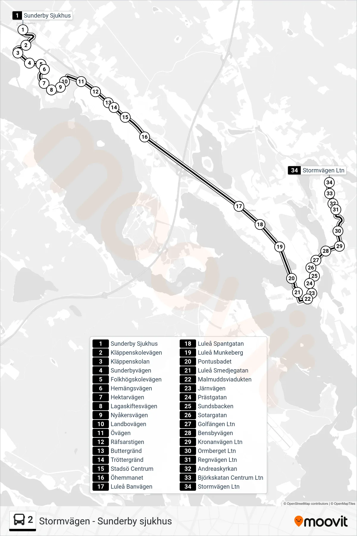 Rutt och hållplatser på karta för linje 2 buss, (Stormvägen)