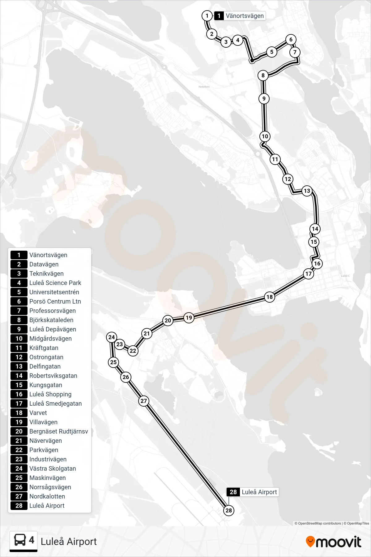 Rutt och hållplatser på karta för linje 4 buss, (Luleå Airport)