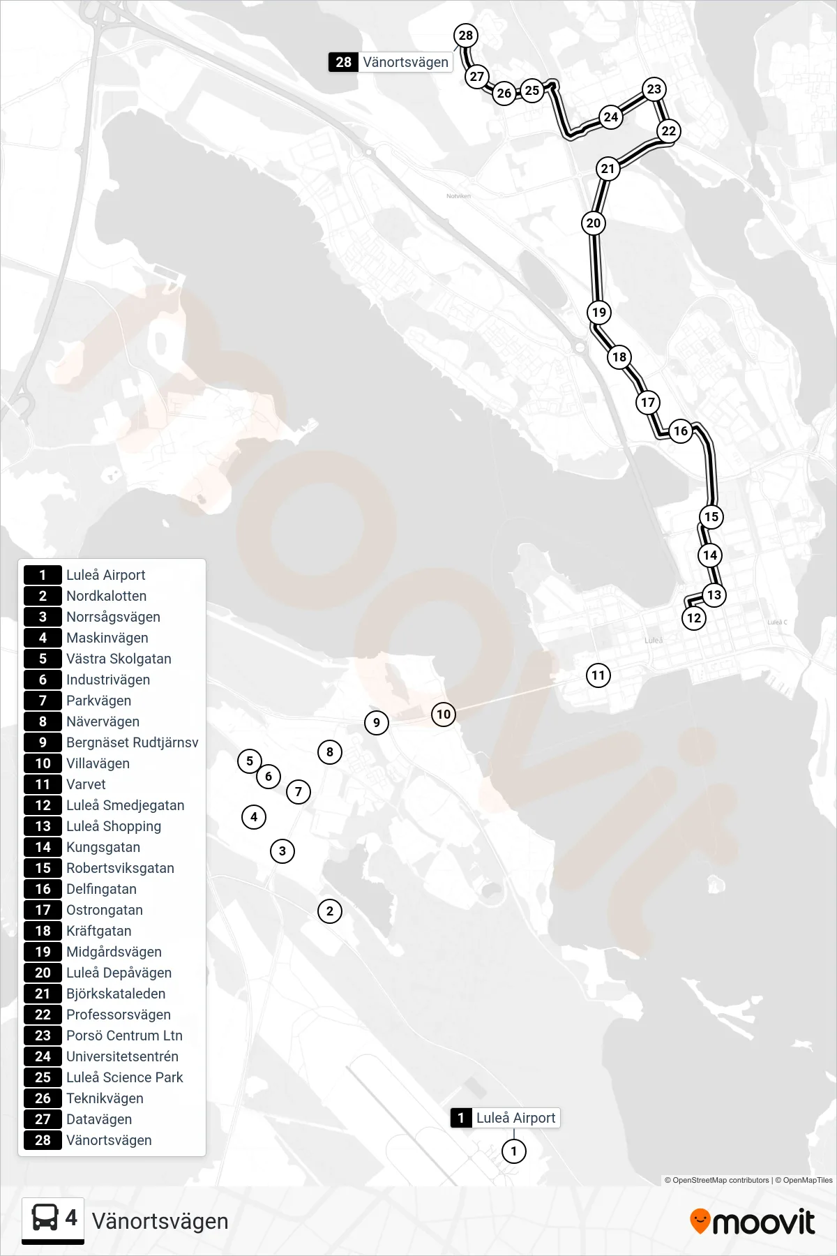 Rutt och hållplatser på karta för linje 4 buss, (Vänortsvägen)