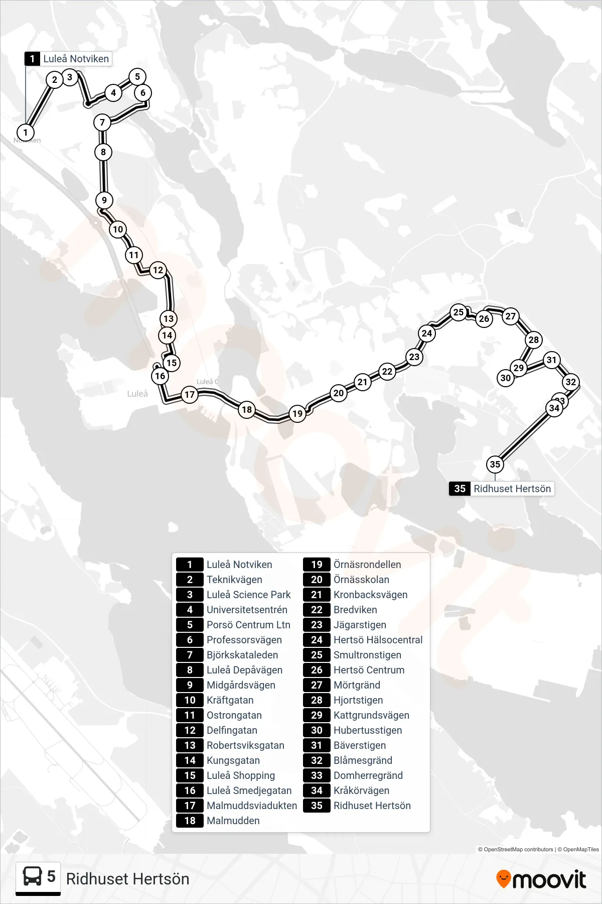 Rutt och hållplatser på karta för linje 5 buss, (Ridhuset Hertsön)