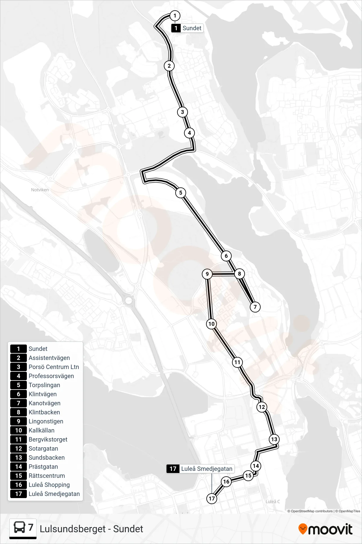 Rutt och hållplatser på karta för linje 7 buss, (Luleå Smedjegatan)