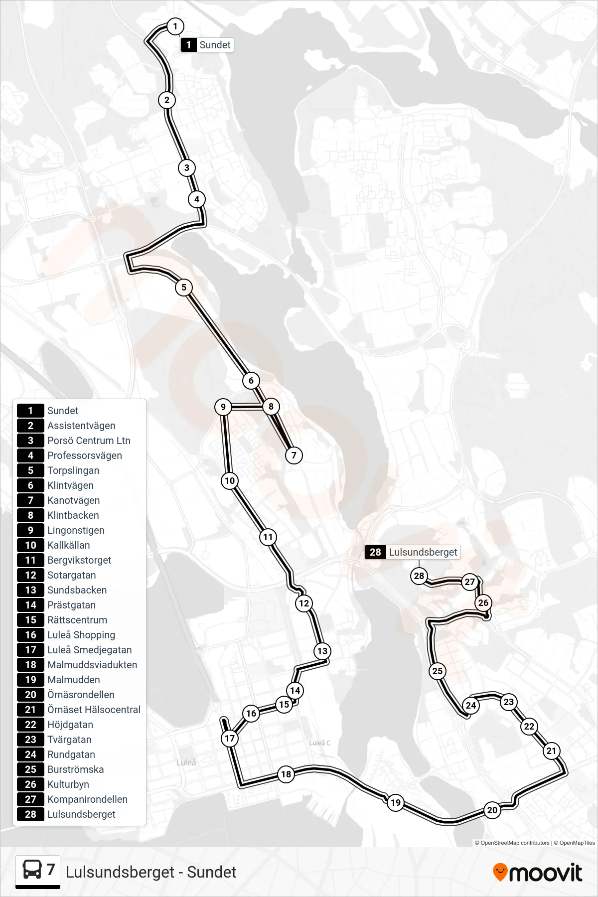 Rutt och hållplatser på karta för linje 7  buss, (Lulsundsberget)