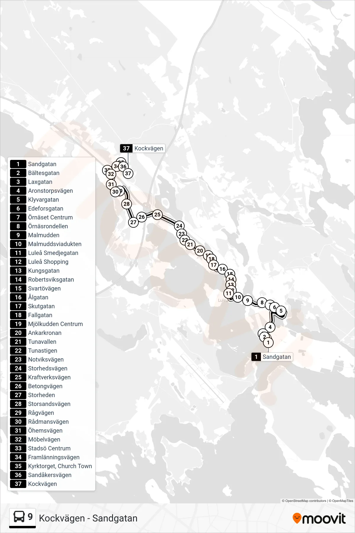 Rutt och hållplatser på karta för linje 9  buss, (Kockvägen)