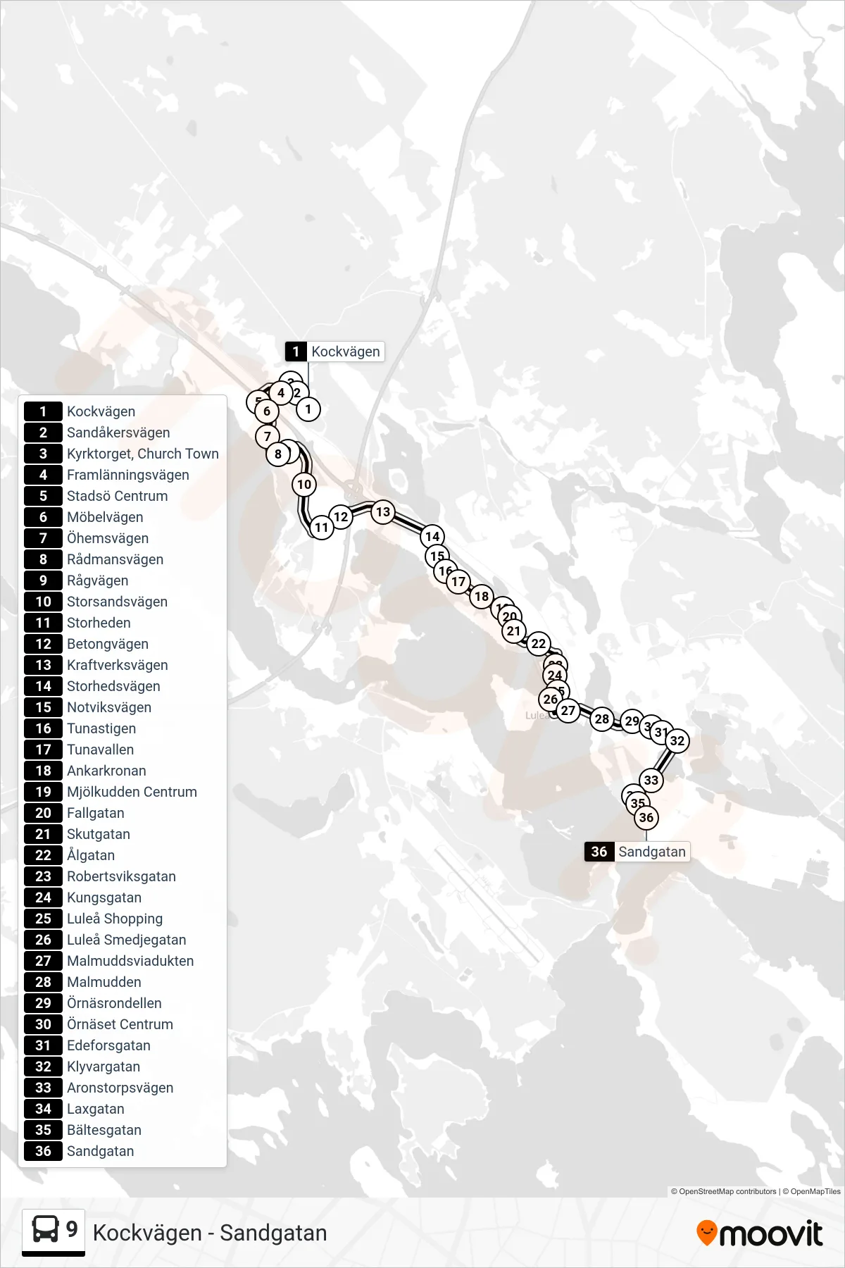 Rutt och hållplatser på karta för linje 9  buss, (Sandgatan)