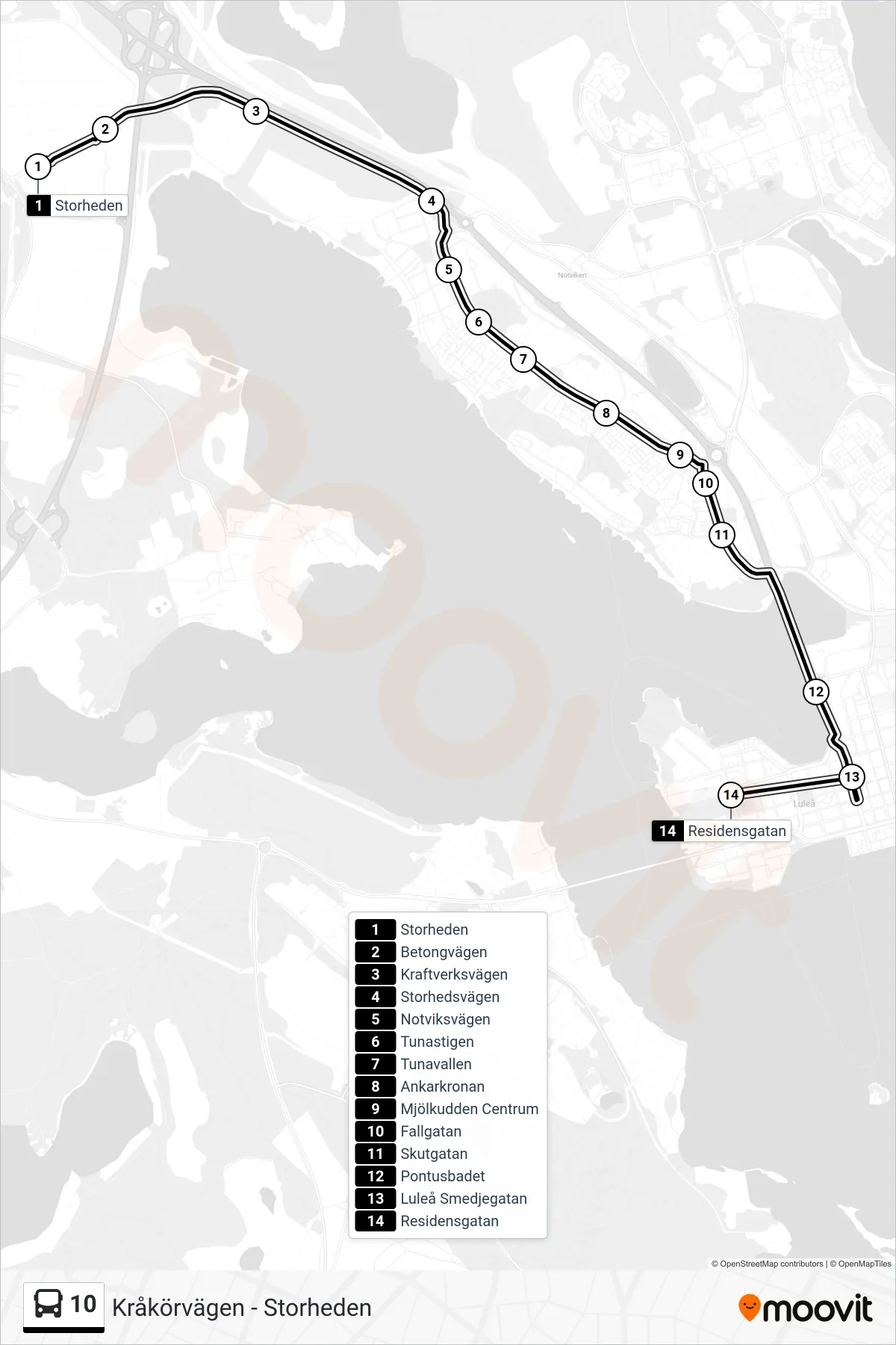 Rutt och hållplatser på karta för linje 10 buss, (Residensgatan)