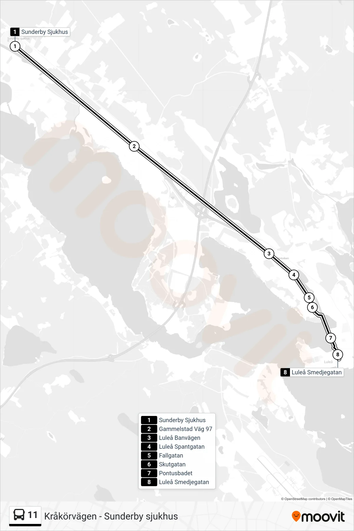 Rutt och hållplatser på karta för linje 11  buss, (Luleå Smedjegatan)