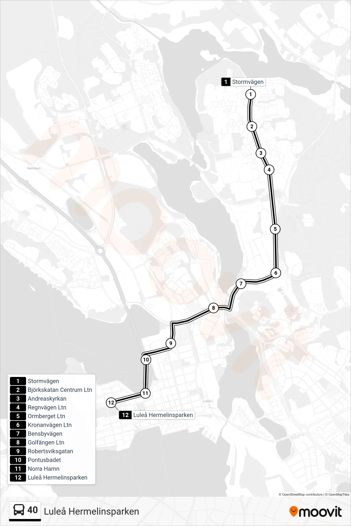 Rutt och hållplatser på karta för linje 40  buss, (Luleå Hermelinsparken)