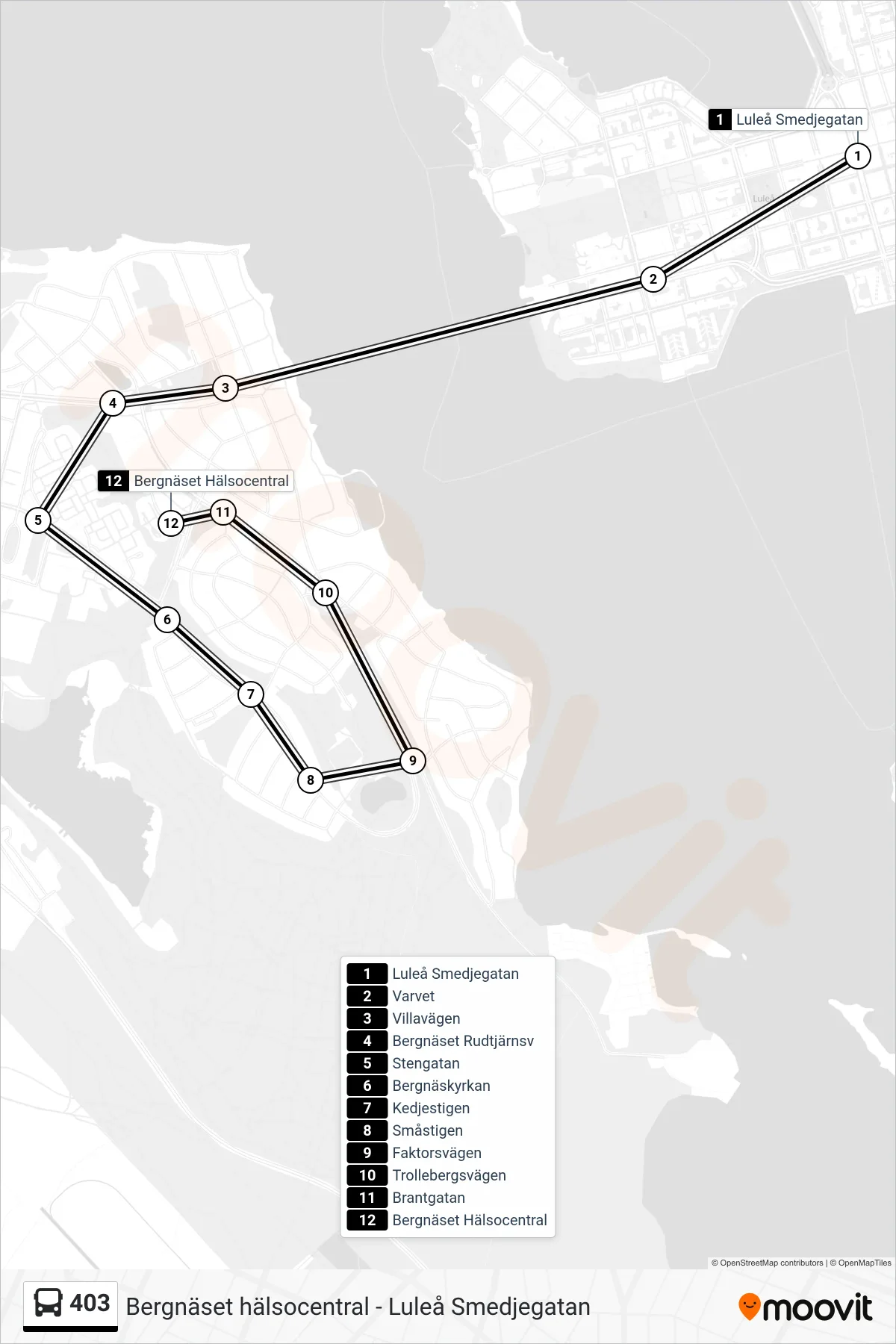 Rutt och hållplatser på karta för linje 403  buss, (Bergnäset Hälsocentral)
