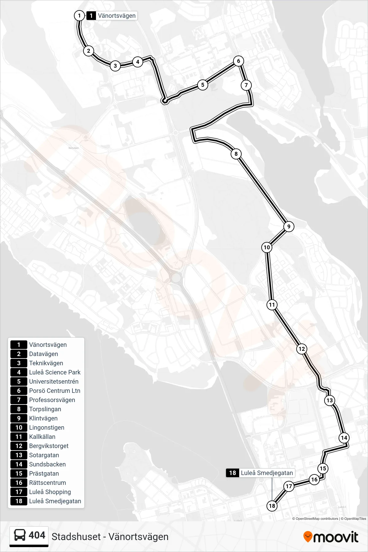 Rutt och hållplatser på karta för linje 404  buss, (Luleå Smedjegatan)