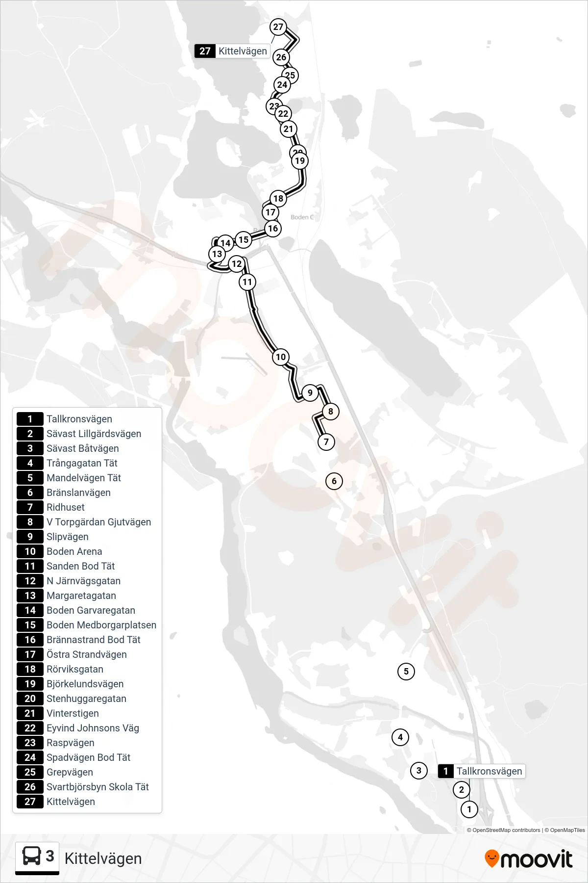 Rutt och hållplatser på karta för linje 3 buss, (Kittelvägen)