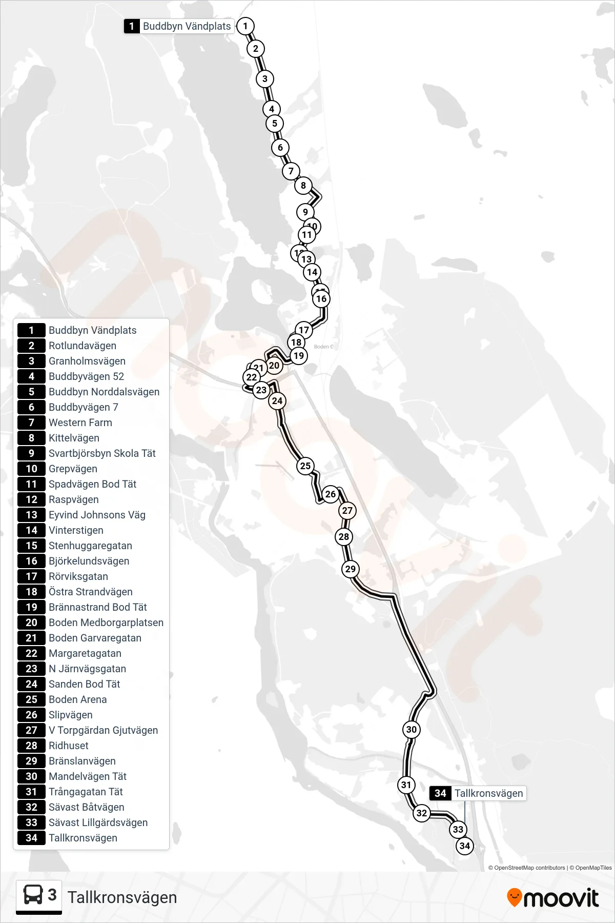 Rutt och hållplatser på karta för linje 3  buss, (Tallkronsvägen)