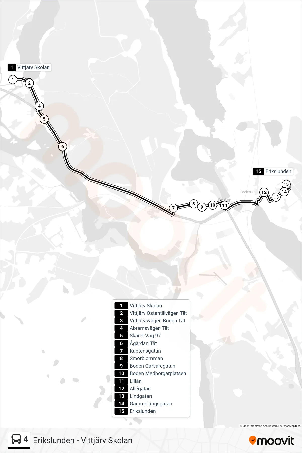 Rutt och hållplatser på karta för linje 4  buss, (Erikslunden)