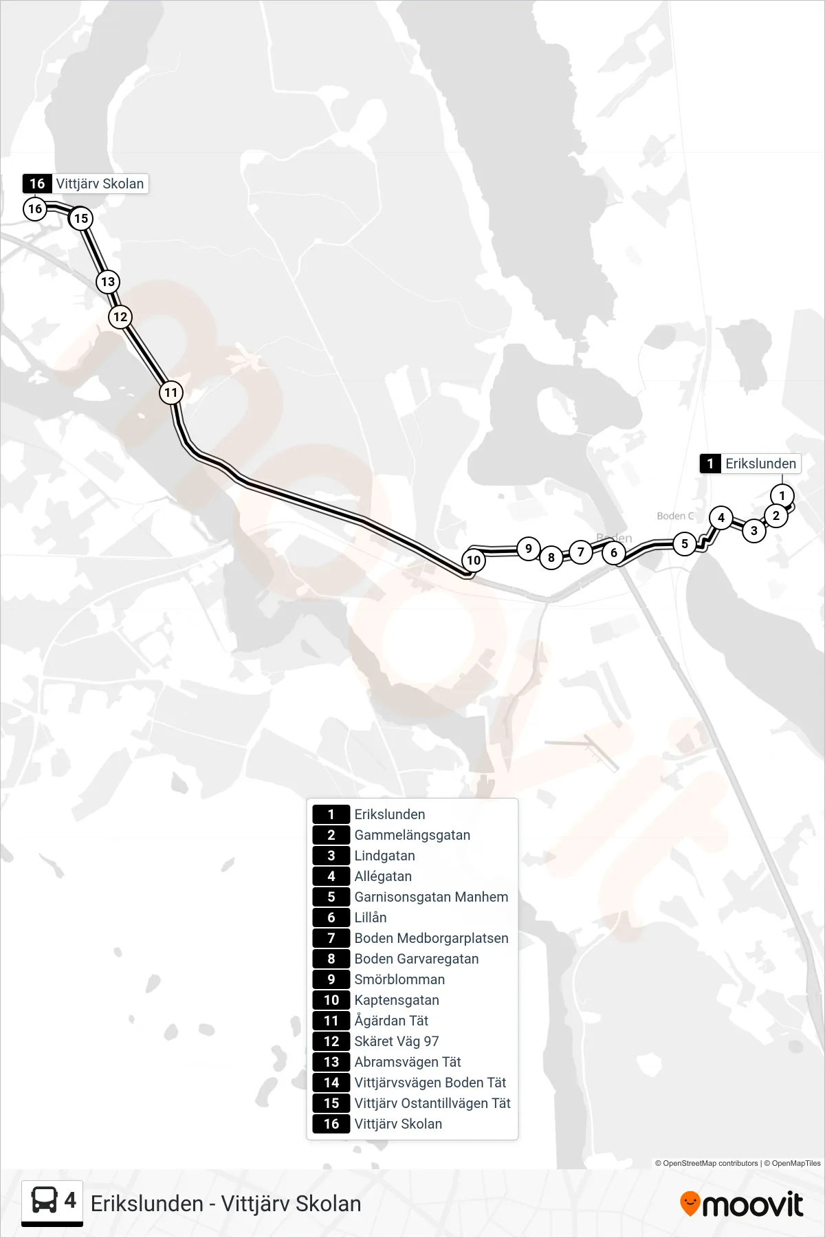 Rutt och hållplatser på karta för linje 4 buss, (Vittjärv Skolan)