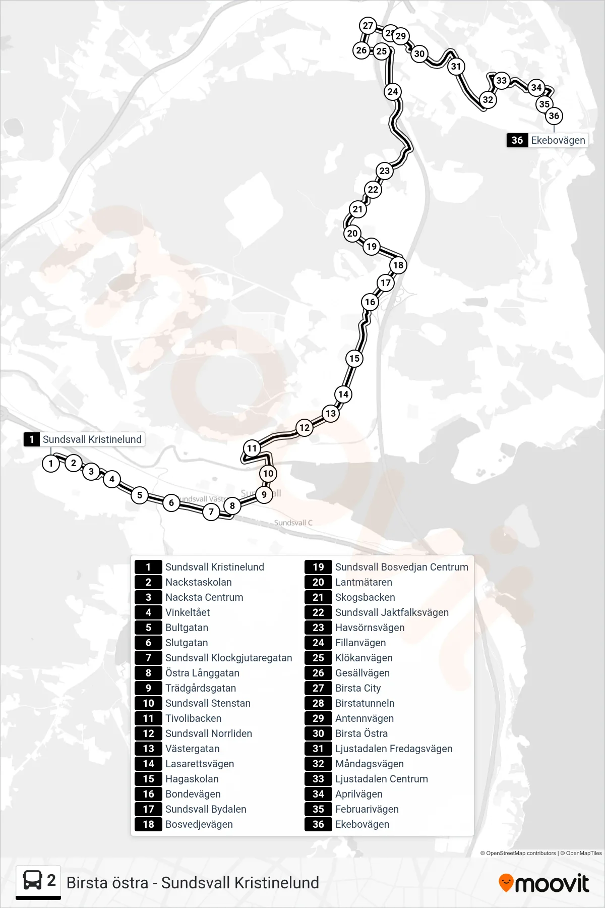 Rutt och hållplatser på karta för linje 2  buss, (Ekebovägen)