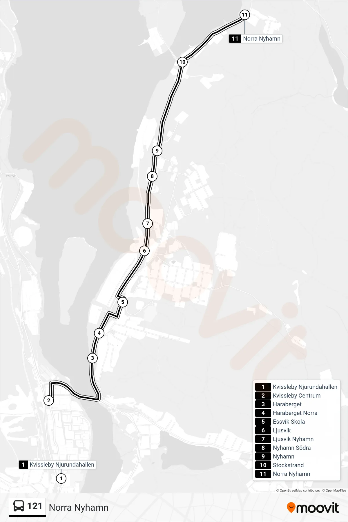 Rutt och hållplatser på karta för linje 121 buss, (Norra Nyhamn)