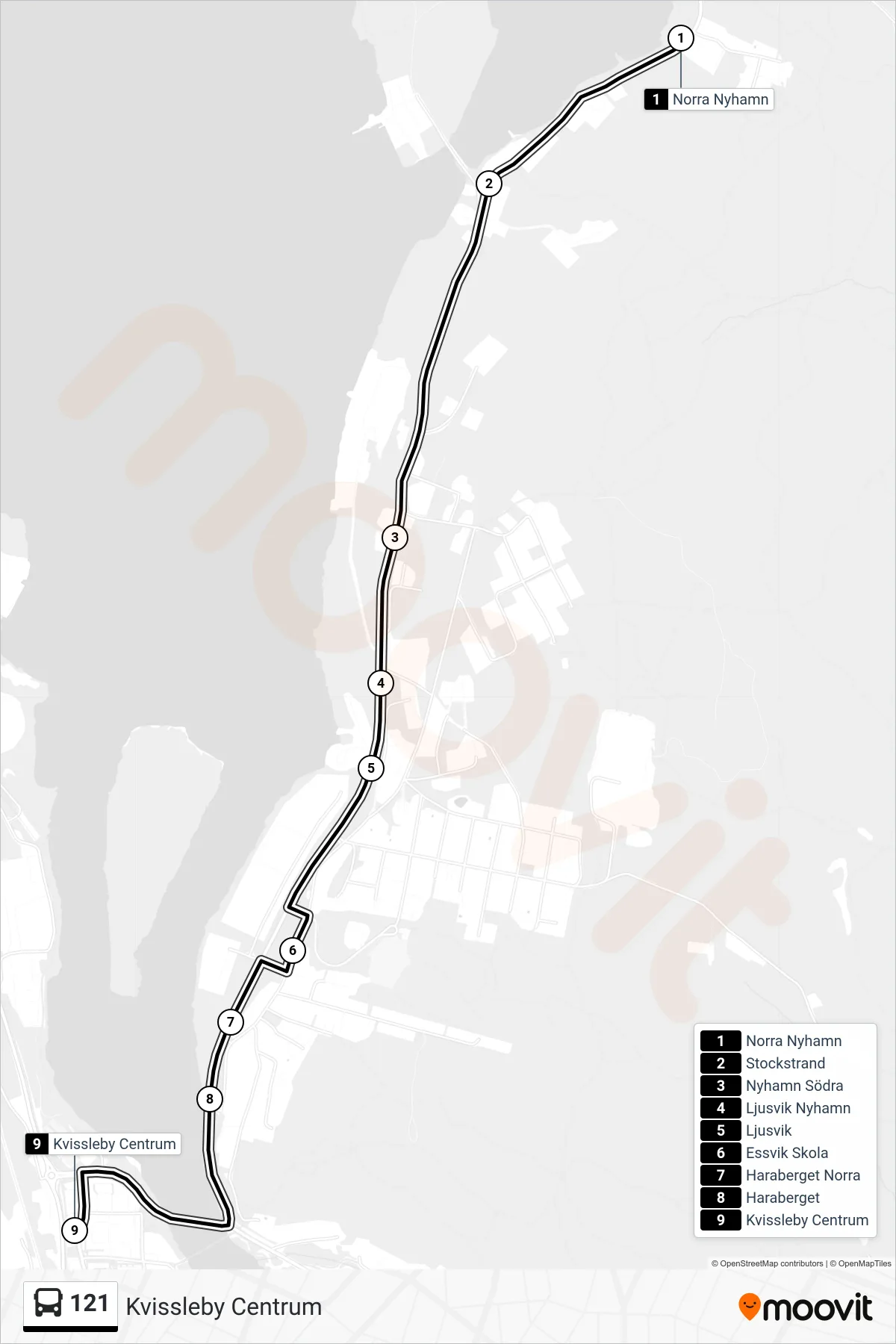 Rutt och hållplatser på karta för linje 121  buss, (Kvissleby Centrum)