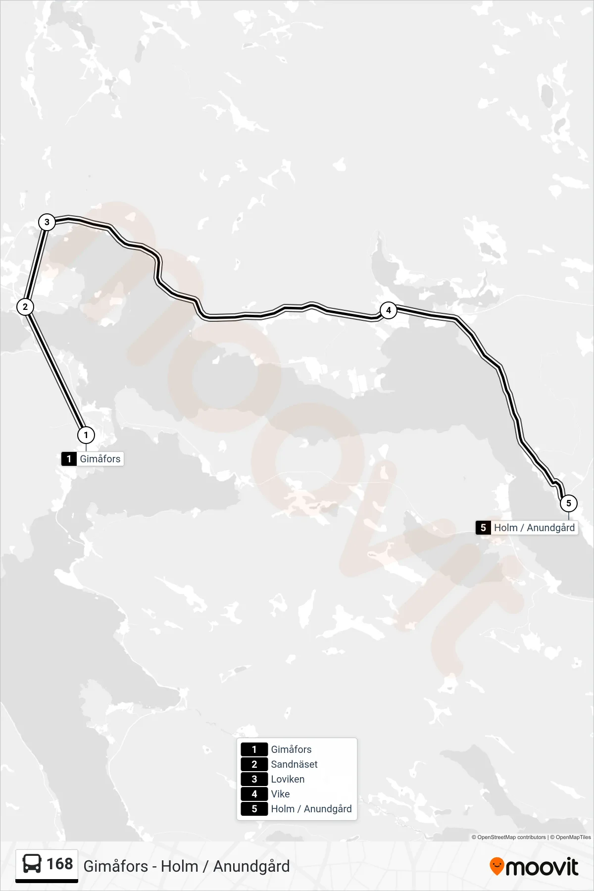 Rutt och hållplatser på karta för linje 168 buss, (Holm / Anundgård)