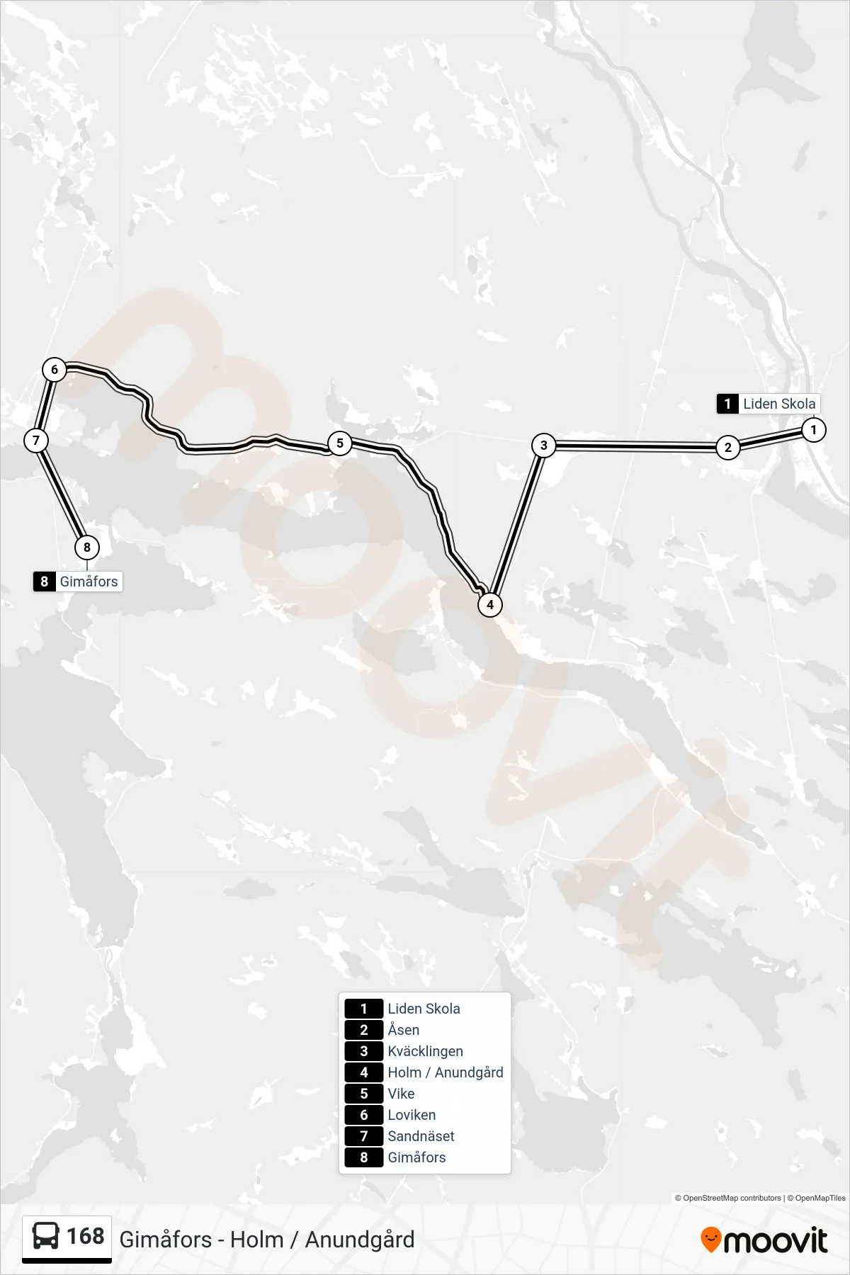 Rutt och hållplatser på karta för linje 168 buss, (Gimåfors)