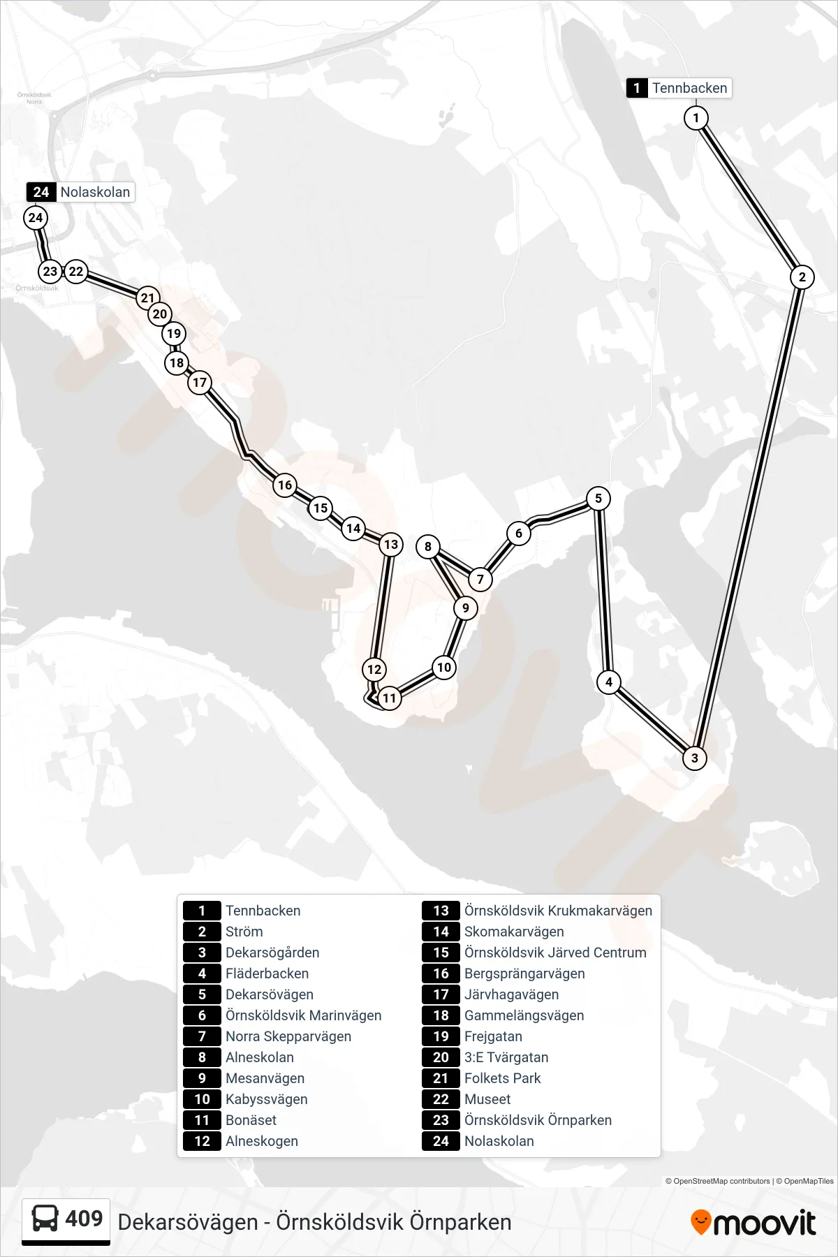 Rutt och hållplatser på karta för linje 409  buss, (Nolaskolan)