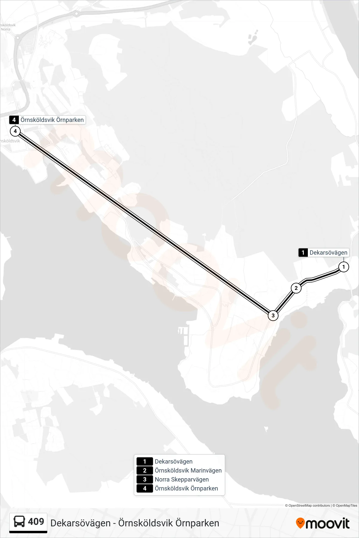 Rutt och hållplatser på karta för linje 409 buss, (Örnsköldsvik Örnparken)
