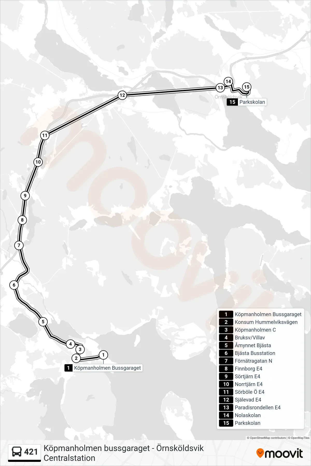 Rutt och hållplatser på karta för linje 421 buss, (Parkskolan)