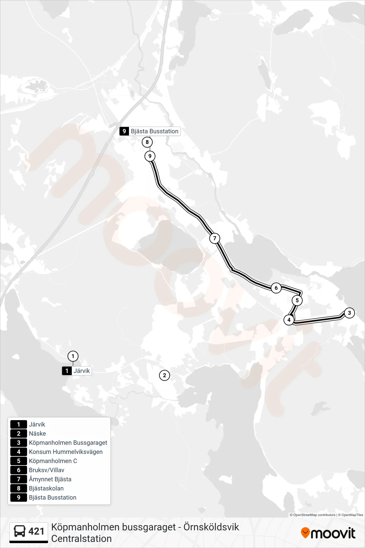 Rutt och hållplatser på karta för linje 421  buss, (Bjästa Busstation)
