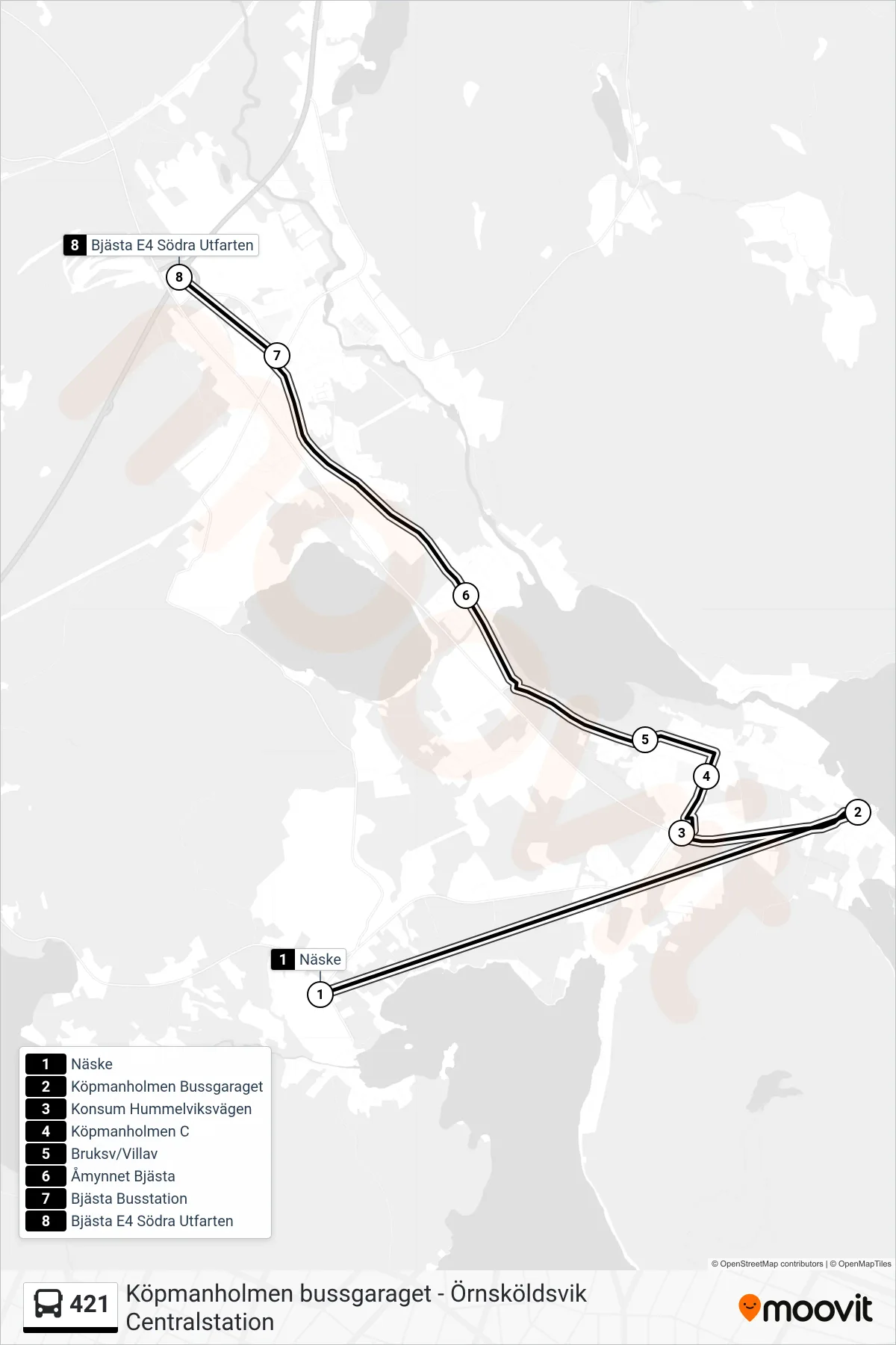 Rutt och hållplatser på karta för linje 421 buss, (Bjästa E4 Södra Utfarten)