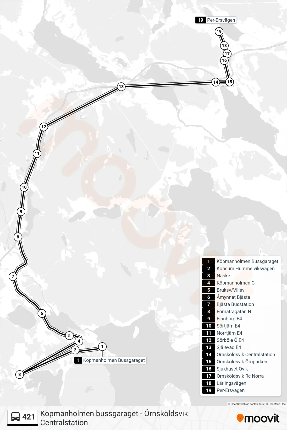 Rutt och hållplatser på karta för linje 421  buss, (Per-Ersvägen)