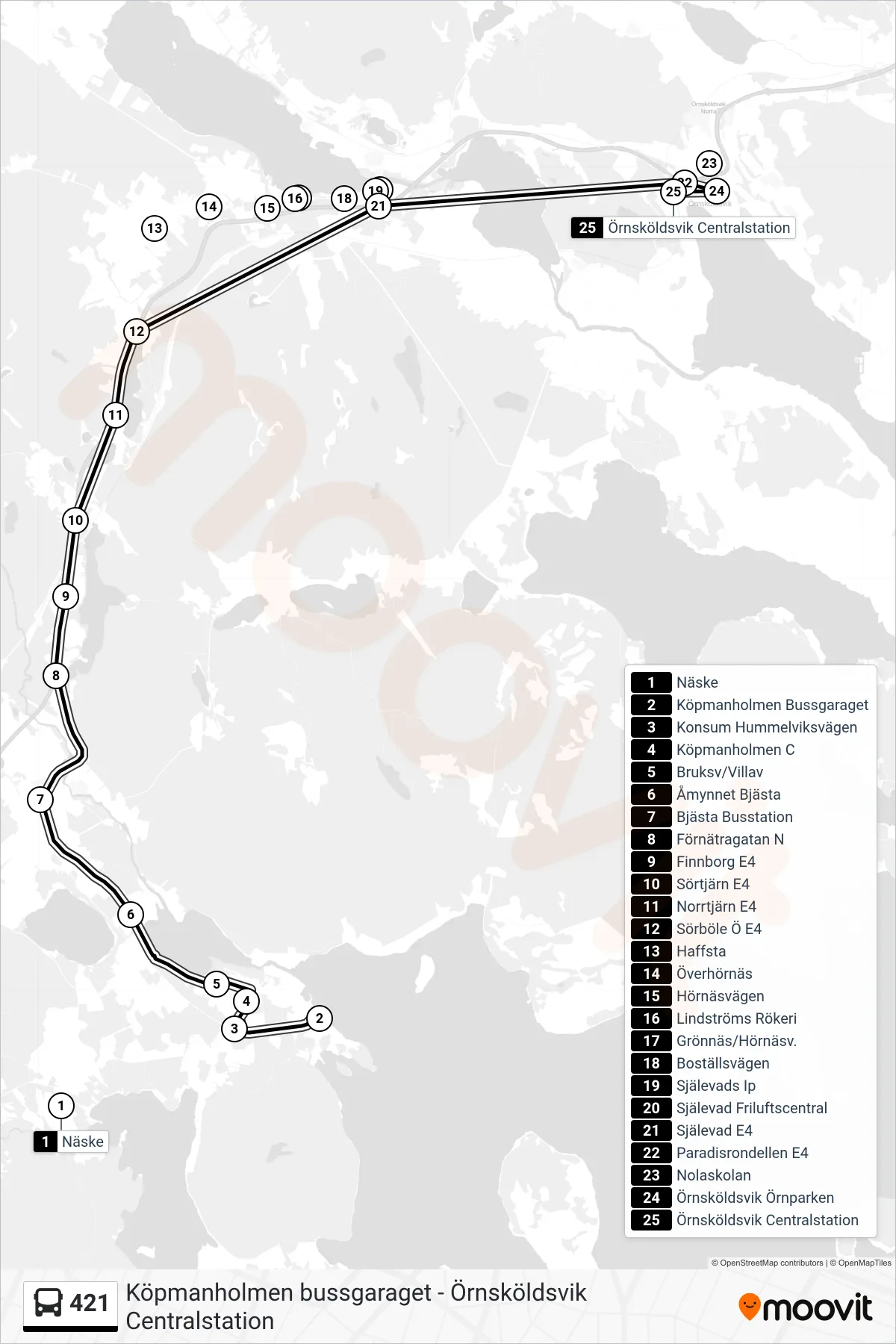 Rutt och hållplatser på karta för linje 421 buss, (Örnsköldsvik Centralstation)