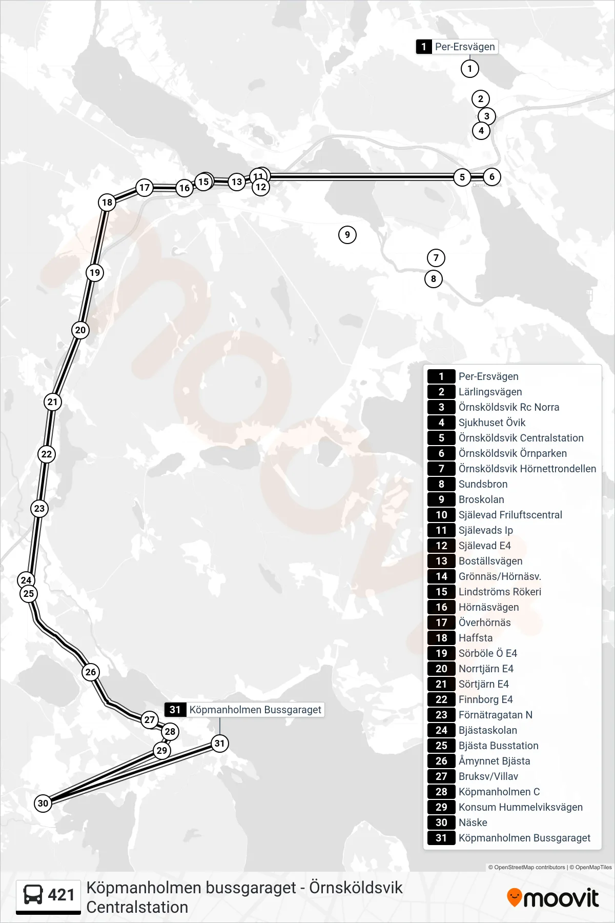 Rutt och hållplatser på karta för linje 421 buss, (Köpmanholmen Bussgaraget)