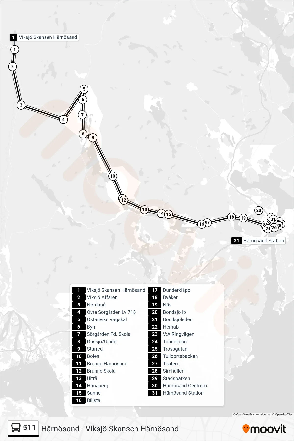 Rutt och hållplatser på karta för linje 511 buss, (Härnösand Station)