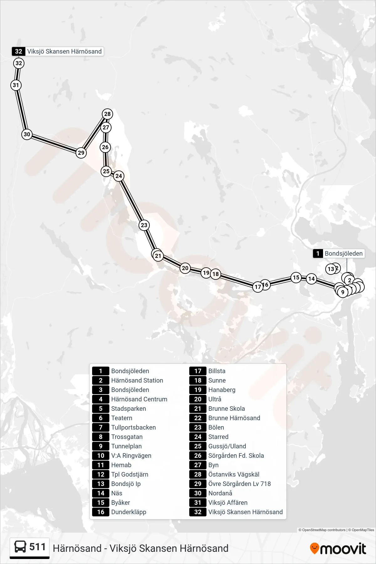 Rutt och hållplatser på karta för linje 511  buss, (Viksjö Skansen Härnösand)