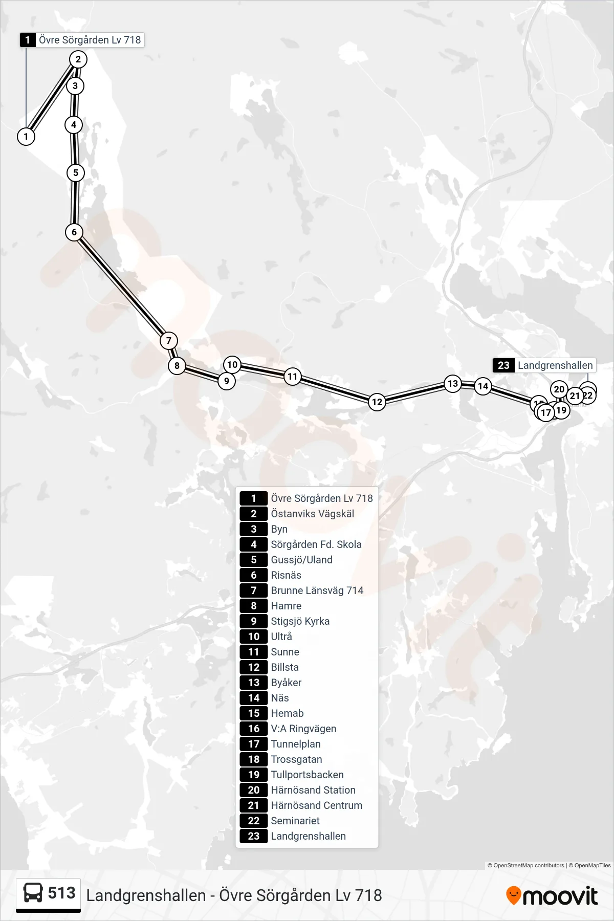 Rutt och hållplatser på karta för linje 513  buss, (Landgrenshallen)
