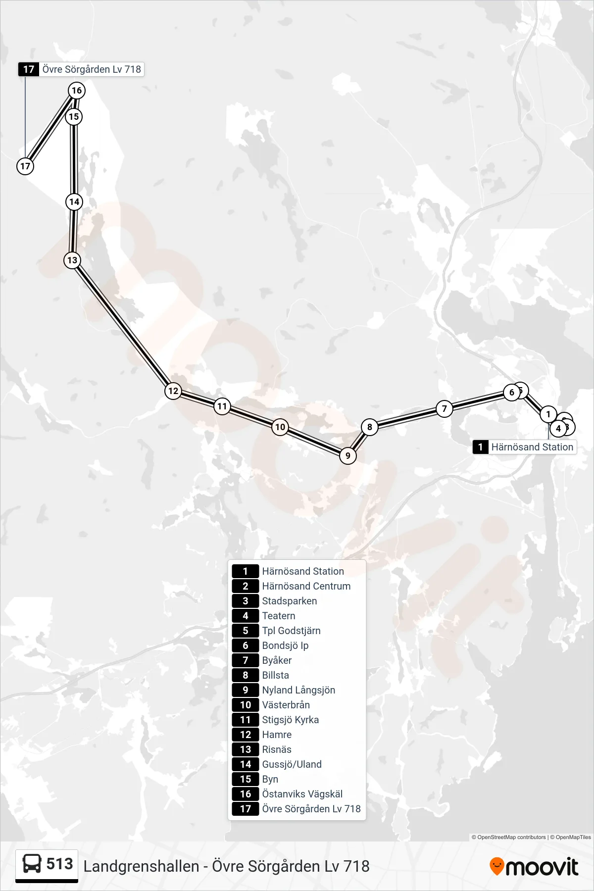 Rutt och hållplatser på karta för linje 513 buss, (Övre Sörgården Lv 718)