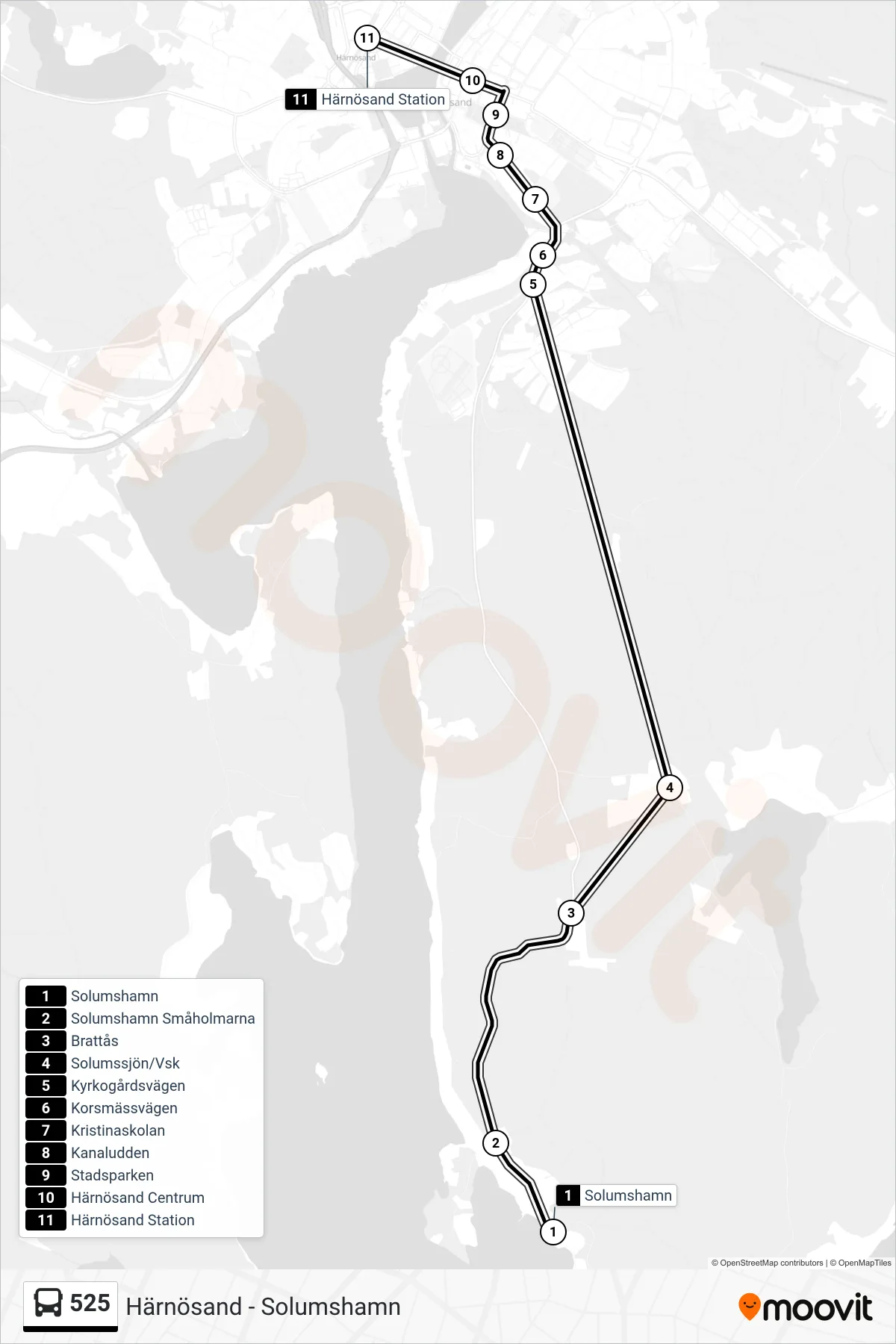 Rutt och hållplatser på karta för linje 525  buss, (Härnösand Station)